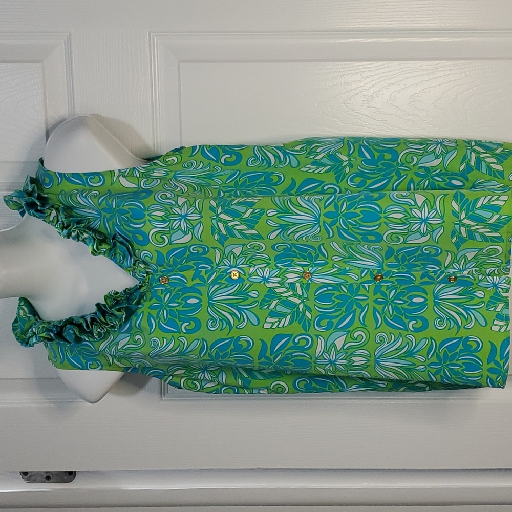 LILLY PULITZER SILK SLEEVLESS LIME/ TURQUOISE BUTTON RUFFLE TOP